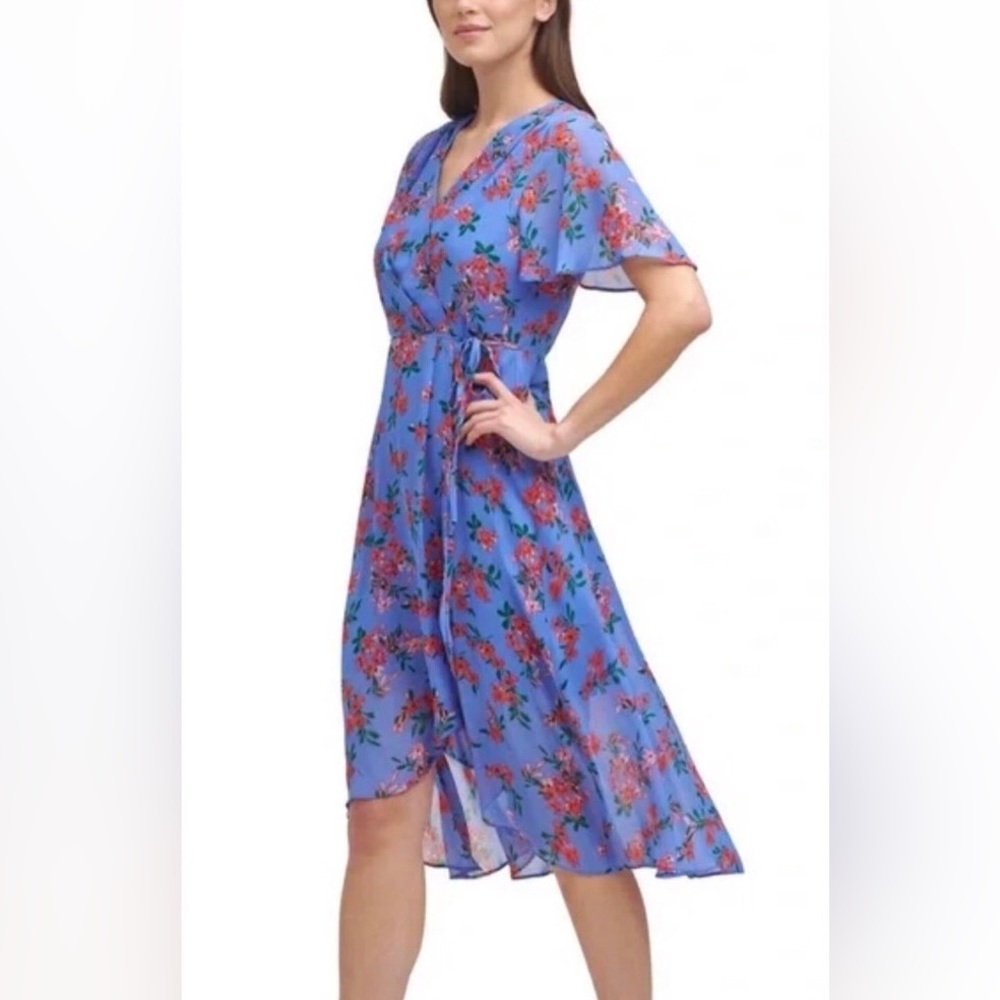 Vince Camuto—8P, Violet & Red Floral Print Dress, Faux Wrap, High/Low Hem